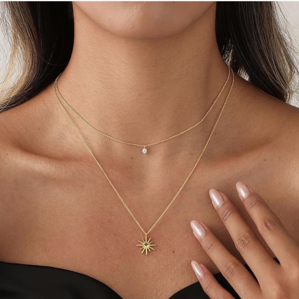 Luxury 14K Gold Plated Tear Circle Sunburst Pendant Necklace